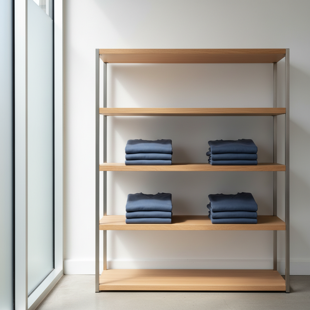 A neatly stacked pile of slate blue sweatshirts, each crafted from plush loopback cotton fabric with ribbed collars and cuffs, displayed on a sleek, minimalistic oak wood shelving unit in a light-filled showroom. Gentle diffused daylight filters through frosted glass panels, casting soft, even illumination and highlighting the rich texture of the sweatshirts. Subtle shadows add depth along the contours of the fold, while the shelving features minimalist metal detailing that reinforces a contemporary, understated vibe. The camera captures this display at eye level, using the rule of thirds for a balanced yet inviting composition. The atmosphere is tranquil and refined, evoking the approachable luxury of Modern Research.