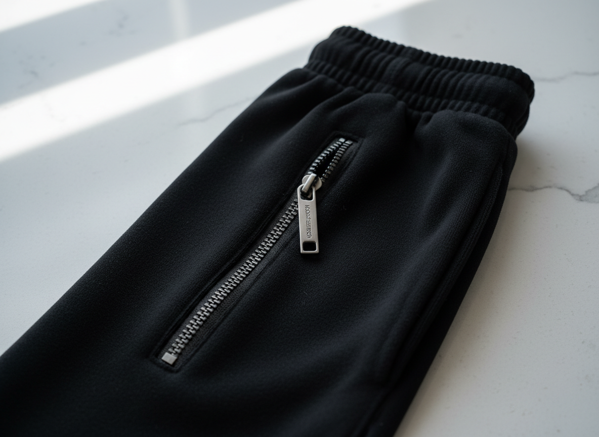 A detail shot of a high-quality silver zipper with a matte finish and custom Modern Research pull tab, sewn into the pocket of a jet black leisurewear jogger. The jogger's fabric is velvety soft with tightly woven threads, and fine tonal stitching defines the pocket edges. Positioned on a minimalist quartz surface, the image is brightly lit by diffused skylight overhead, causing the metallic parts to shimmer with subtle reflections. The mood is refined and quietly luxurious, with a clean, macro-focused composition that highlights craftsmanship, aligning with the brand’s attention to modern detail.