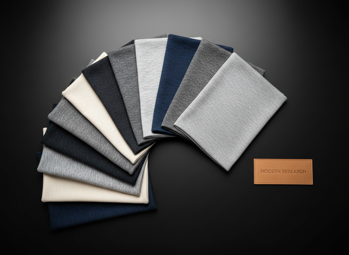 A close-up view of a carefully arranged selection of leisurewear fabric swatches, including heathered grays, deep navies, and creamy ecrus, featuring smooth, high-quality knits and subtle textures. The swatches are fanned out atop a matte black designer desk, with a Modern Research embossed leather tag placed beside them. Ambient studio lighting provides even, color-accurate illumination and gentle shadows, accentuating the intricate weaves and softness of the materials. Captured from a bird's-eye view, the image is crisp and sharp throughout, embodying a modern, professional aesthetic that emphasizes the premium materials of the brand.